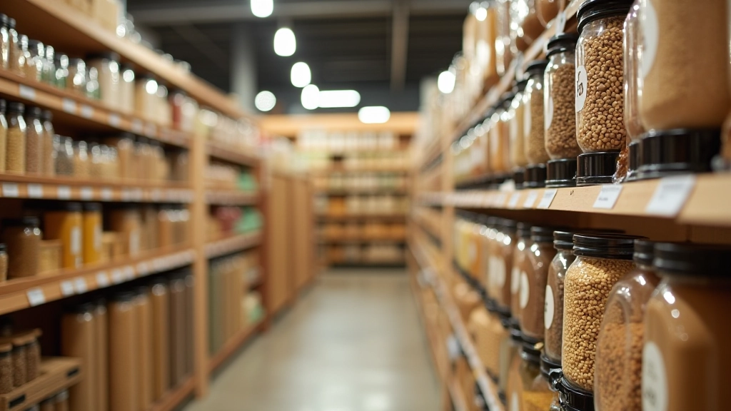 Magasin vrac avec rangées de distributeurs et bocaux de céréales, légumes secs et épices