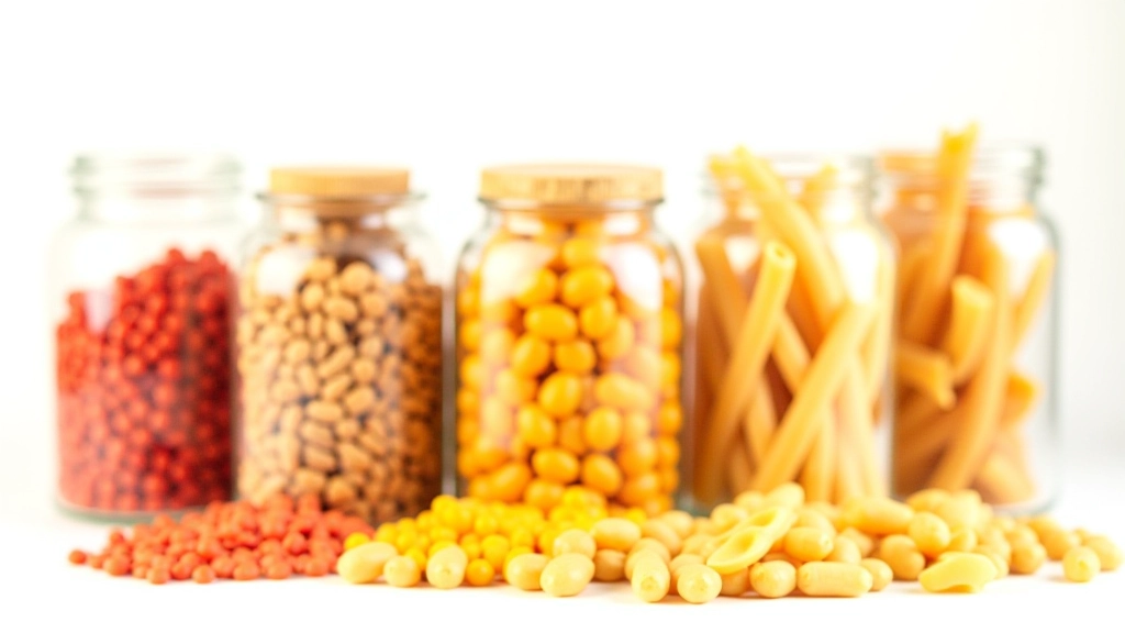 Gros plan de lentilles corail, pois chiches et pâtes colorées dans des bocaux transparents