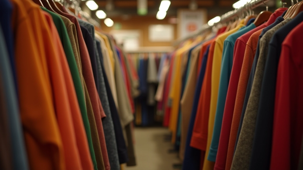 Rangées de vêtements colorés suspendus dans une boutique de seconde main, organisation par couleur