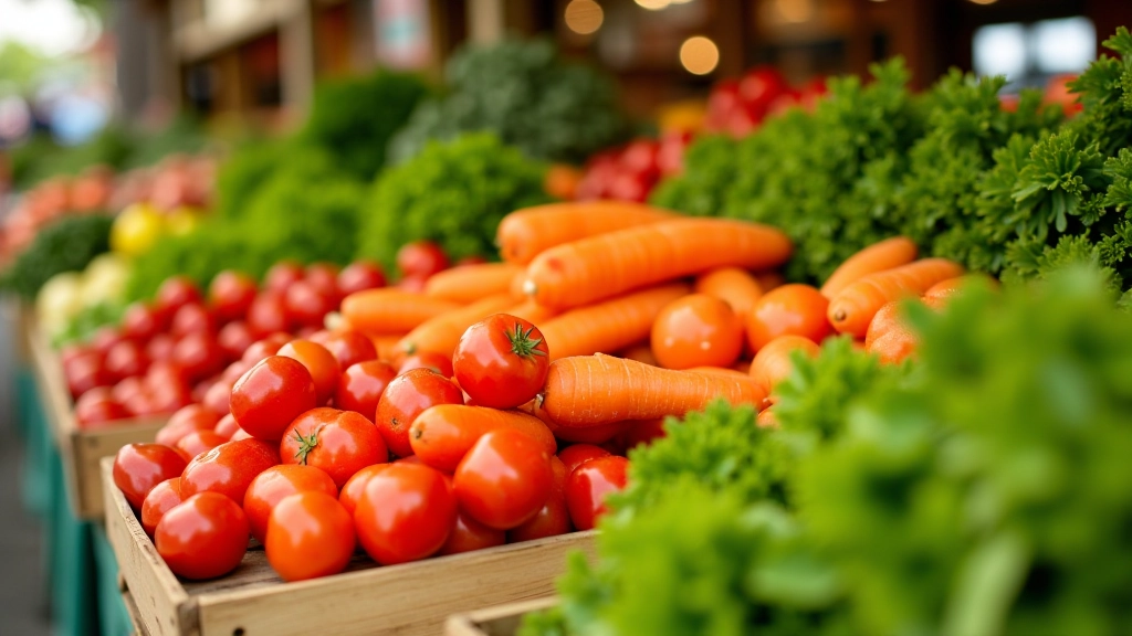 Étalage coloré d'un marché bio avec tomates rouges, carottes oranges, laitues vertes et autres légumes frais disposés en pyramides