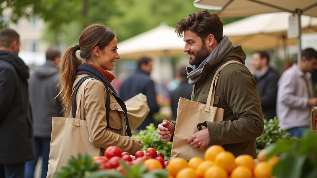 Groupe de personnes faisant leurs courses au marché avec sacs réutilisables