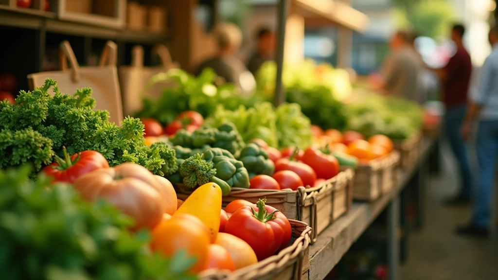 Marché fermier avec légumes biologiques frais et produits durables exposés