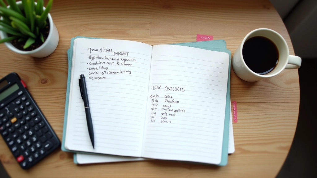 Carnet ouvert avec des colonnes de calculs et une tasse de café sur un bureau