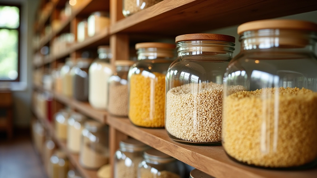 Bocaux en verre remplis de riz, pâtes et autres aliments en vrac dans un magasin