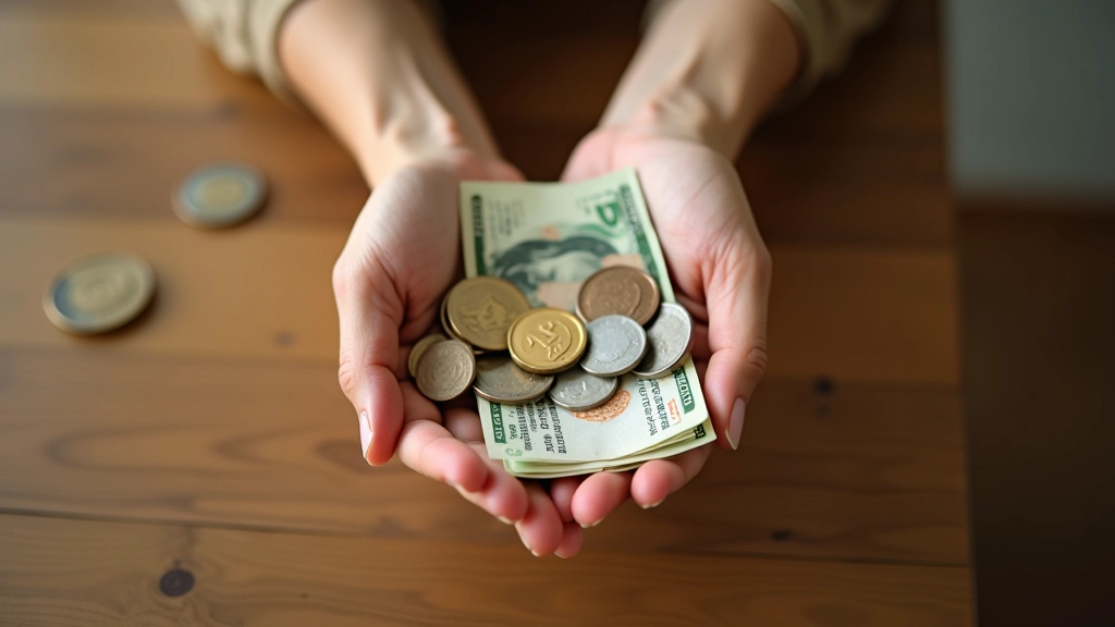 Mains tenant des billets et des pièces de monnaie, symbole des économies réalisées