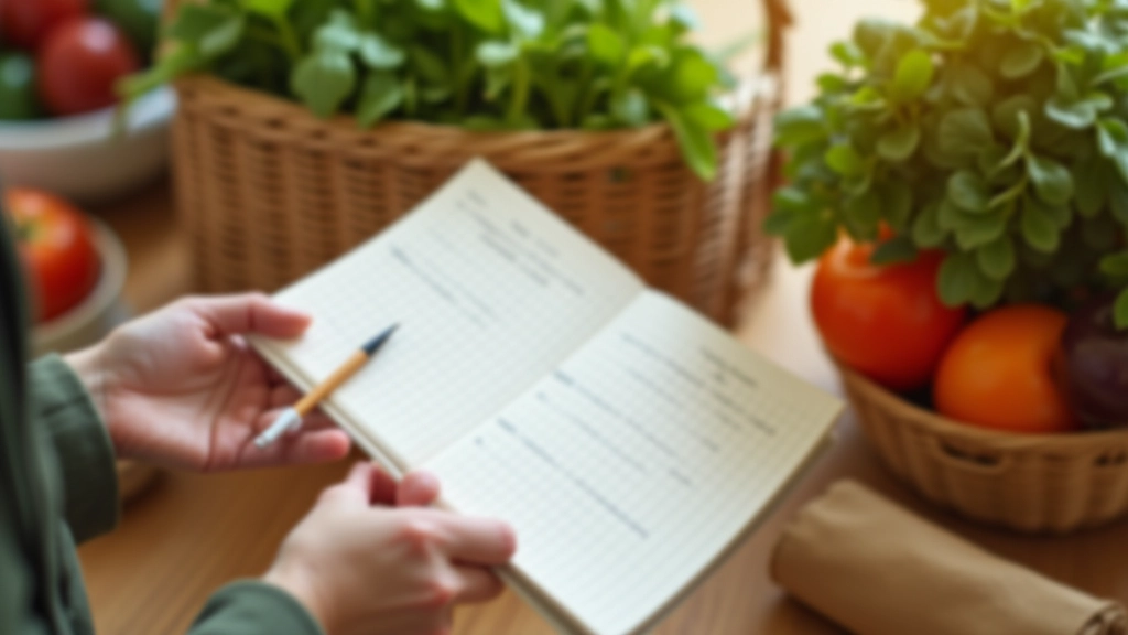 Gros plan sur les mains d'une personne tenant un carnet de courses avec liste écrite et un crayon à côté d'un panier d'emplettes