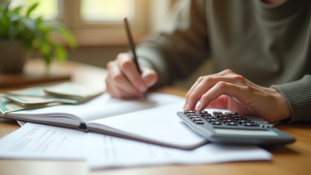 Personne écrivant des chiffres dans un carnet avec calculatrice et billets sur la table