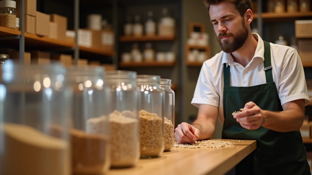 Vendeur dans un magasin vrac remplissant des bocaux clients avec des pâtes et des grains