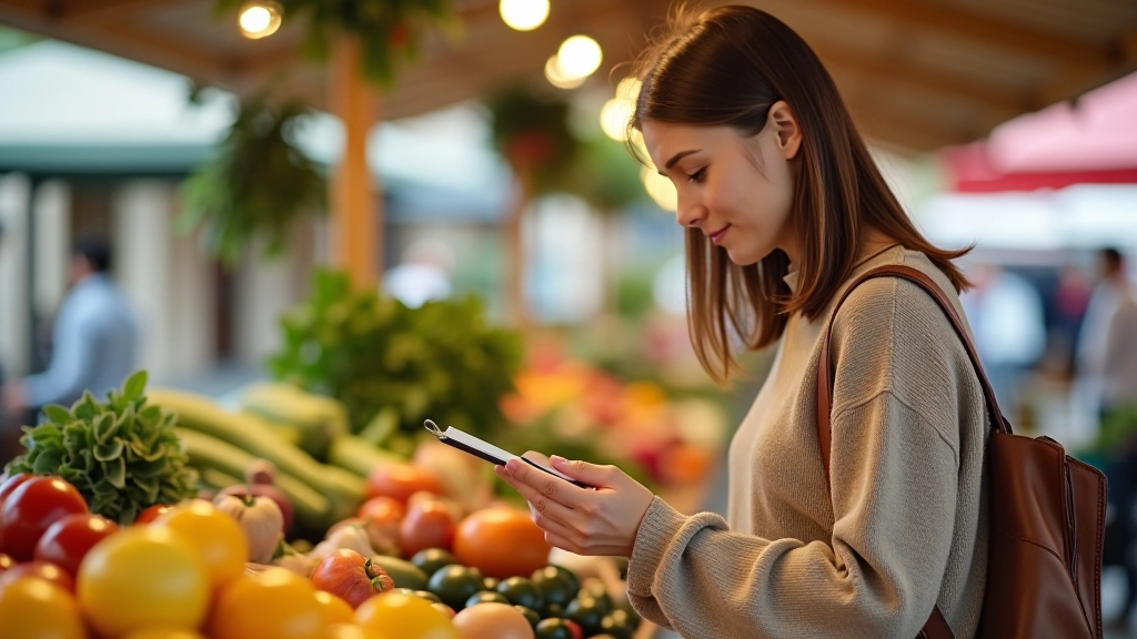 Femme lisant une étiquette de prix au marché biologique avec des paniers de légumes frais