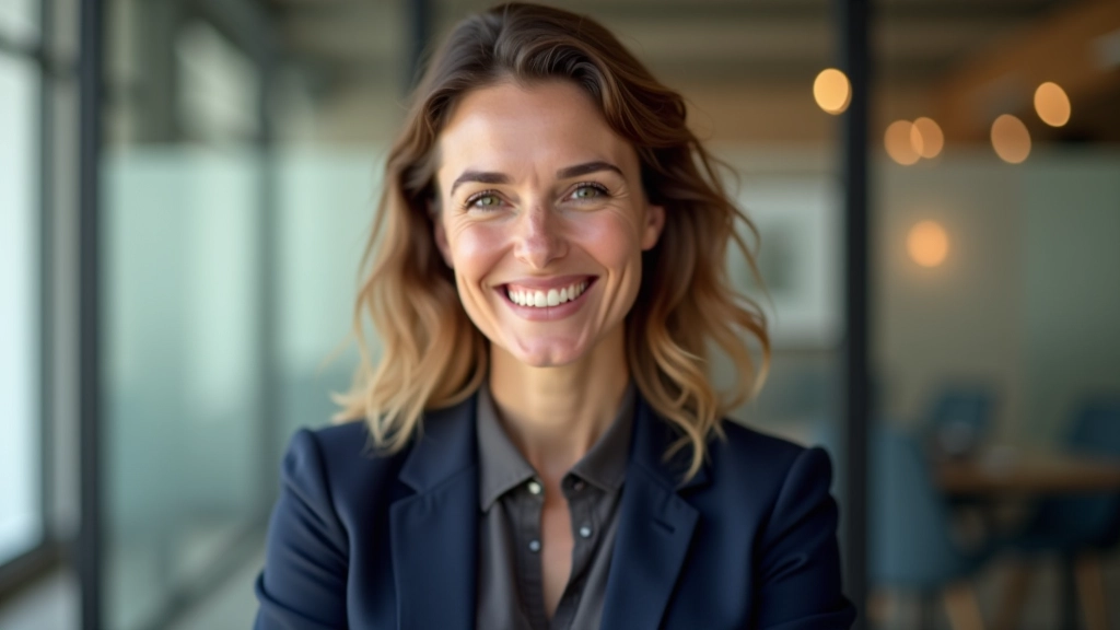 Portrait d'une femme spécialiste en finances durables, tenue professionnelle, sourire confiant