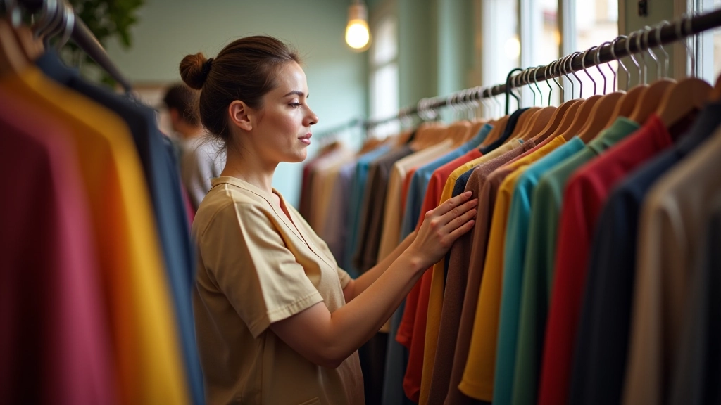 Femme feuillettant des vêtements colorés sur un portant dans une friperie