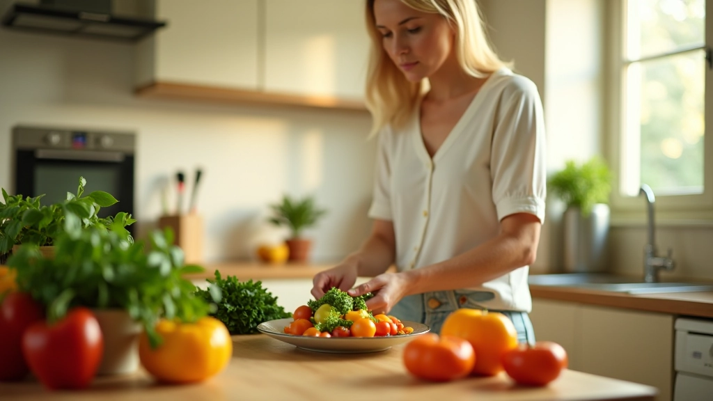 Femme préparant un repas sain avec des produits biologiques frais dans une cuisine lumineuse
