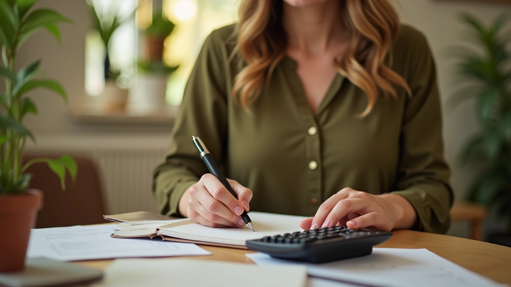 Femme planifiant son budget éco-responsable avec carnet et calculatrice