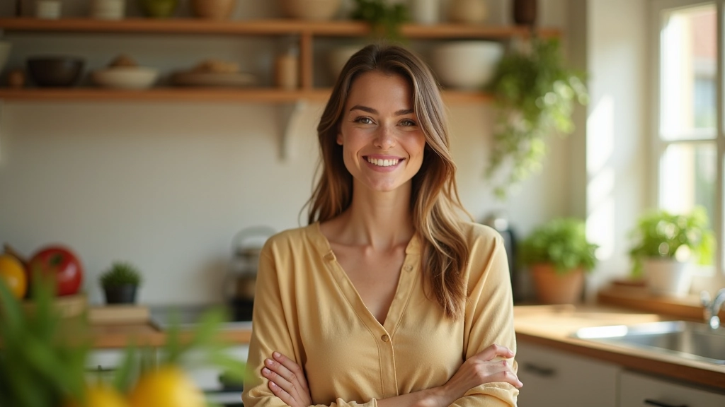 Femme souriante dans sa cuisine écologique avec des produits biologiques locaux