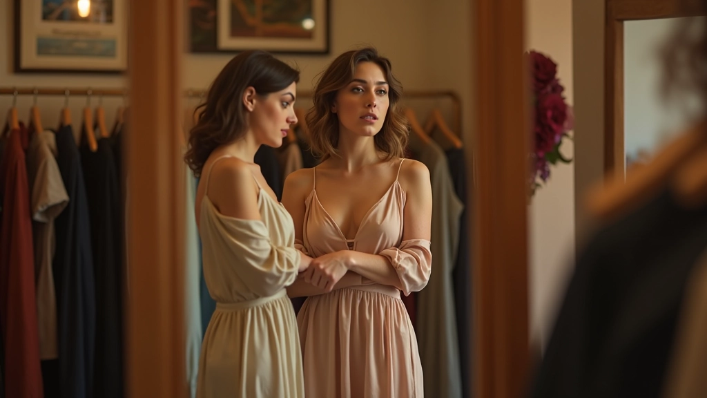Femme essayant une robe vintage dans un miroir en pied, dans une boutique de seconde main